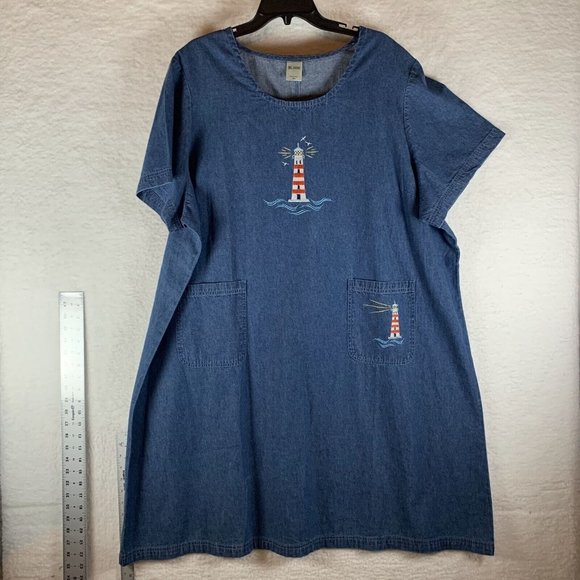 Blair Shift Dress Women's‎ 3XL Blue Denim Lighthouse Embroidered Round Neck 8564 - Picture 1 of 9